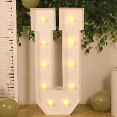 Illuminated marquee letter "U" with lights on a soft background.