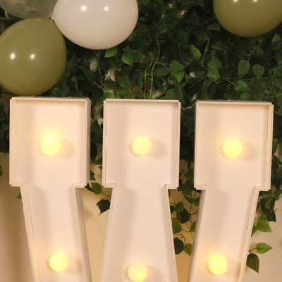 Decorative marquee letters with lights against greenery and balloons.