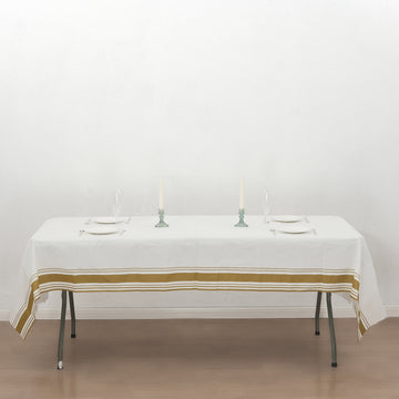 White Airlaid Paper Rectangular Tablecloth with Gold Striped Border, Soft Linen-feel Disposable Table Cover - 50"x108"