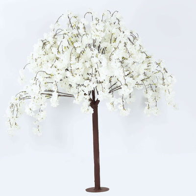 Artificial cherry blossom tree with white flowers on a brown trunk