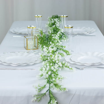 White Artificial Silk Gypsophila Table Flower Garland, Faux Baby Breath Hanging Flower Vines 6ft