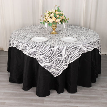 Enhance Your Event Decor with the White Black Wave Mesh Square Table Overlay
