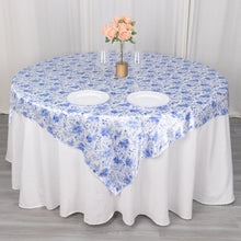 White Blue Chinoiserie Floral Print Satin Table Overlay, Square Tablecloth Topper 72inch