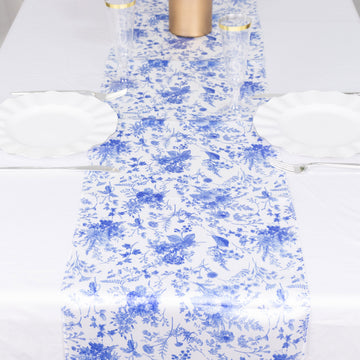 White Blue Chinoiserie Floral Print Satin Table Runner 12"x108"