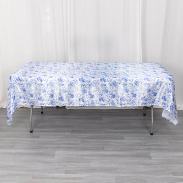 White Blue Chinoiserie Floral Print Seamless Satin Rectangular Tablecloth, Wrinkle Resistant Tablecloth 60"x102"