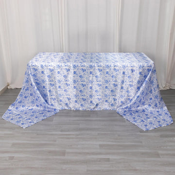 White Blue Chinoiserie Floral Print Seamless Satin Rectangular Tablecloth, Wrinkle Resistant Tablecloth 90"x156"