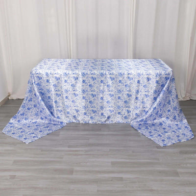 Blue floral tablecloth draped elegantly over a table.