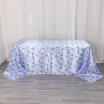 White Blue Chinoiserie Floral Print Seamless Satin Rectangular Tablecloth, Wrinkle Resistant Tablecloth 90"x132"