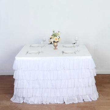 Create a Vision of Sophistication: 14ft 5-Tier White Chiffon Ruffled Tutu Table Skirt with Satin Backing
