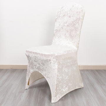 White Crushed Velvet Spandex Stretch Banquet Chair Cover With Foot Pockets, Fitted Wedding Chair Cover 190 GSM