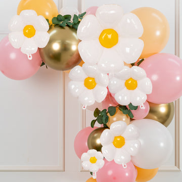 Set of 10 | White Daisy Flower-Shaped Mylar Foil Party Balloons, Assorted Floral Balloon Decorations with Balloon Dots - 10", 19", 27"