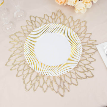 10 Pack White Plastic Dinner Plates with Gold Swirl Rim, Round Disposable Party Plates - 9"