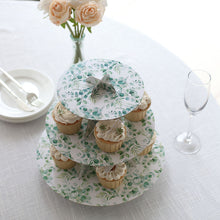 3-Tier White Green Cardboard Cupcake Stand with Eucalyptus Leaves Print, Tea Party Dessert Display