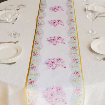 White Pink Non-Woven Peony Floral Print Table Runner with Gold Edges, Spring Summer Kitchen Dining Table Decoration - 11"x108"