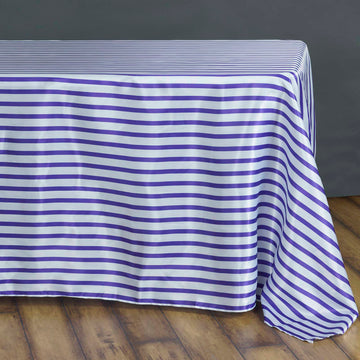Elevate Your Event Decor with the White/Purple Seamless Stripe Satin Rectangle Tablecloth 60"x126"