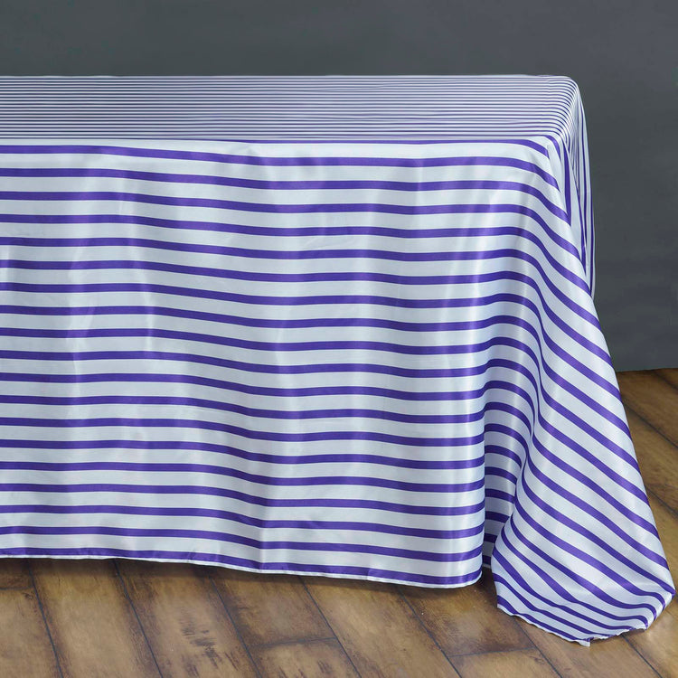 60 inch x126 inch White/Purple Striped Satin Tablecloth#whtbkgd