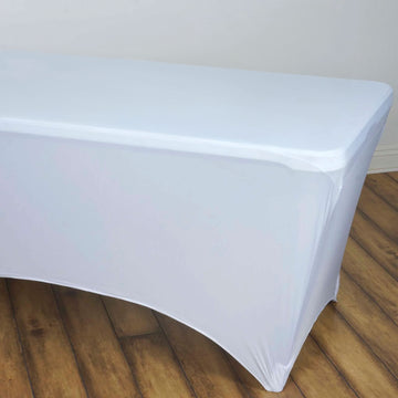 White Stretch Spandex Rectangle Tablecloth 8ft Wrinkle Free Fitted Table Cover for 96"x30" Tables