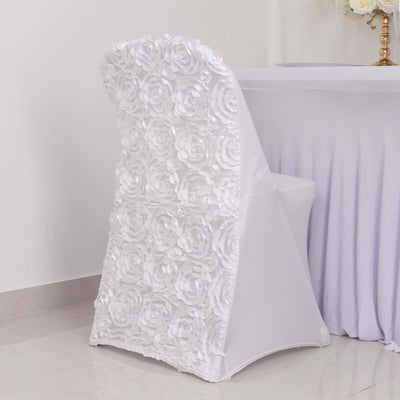 White floral chair cover on a banquet chair, elegant and stylish for events.