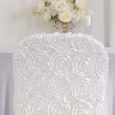 White floral chair cover with rose appliqués, perfect for elegant events.