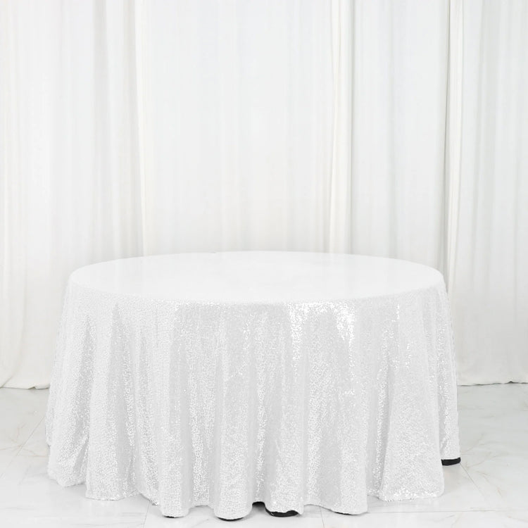 120" White Premium Sequin Round Tablecloth