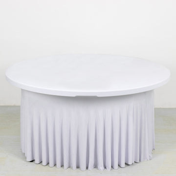 White Wavy Spandex Fitted Round 1-Piece Tablecloth Table Skirt, Stretchy Table Cover with Ruffles - 5ft