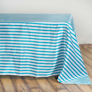 Elevate Your Event Decor with the White/Turquoise Seamless Stripe Satin Rectangle Tablecloth 60"x102"