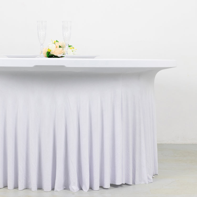 White Wavy Spandex Fitted Round 1-Piece Tablecloth Table Skirt, Stretchy Table Cover Ruffles 6ft