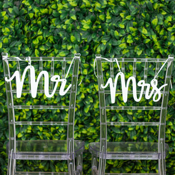 Set of 2 White Wood Mr and Mrs Chair Signs, Wedding Photo Booth Props, Calligraphy Wall Hanging Decor 12"x6"