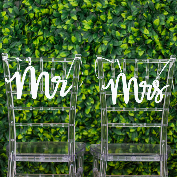 Set of 2 | White Wood Mr and Mrs Chair Signs, Wedding Photo Booth Props