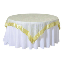 85 Inch x 85 Inch Yellow Embroidered Sheer Organza Square Table Overlay With Satin Edge