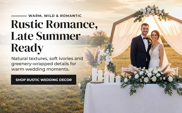 Embrace the charm of late summer with rustic wedding decor featuring natural textures, soft ivory...