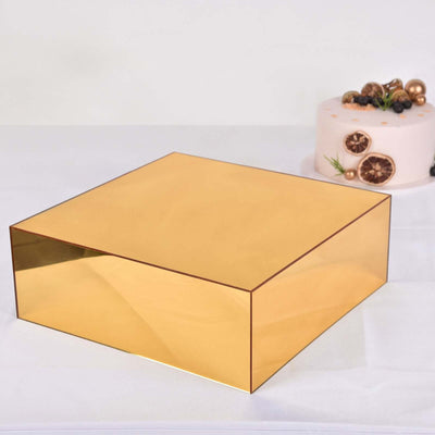 Acrylic Cake Box Stand Pedestal Riser 14"x14" Mirror Finish Gold - Hollow Bottom Display for Desserts