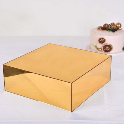 Acrylic Cake Box Stand Pedestal Riser 14"x14" Mirror Finish Gold - Hollow Bottom Display for Desserts