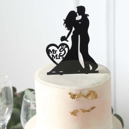 Acrylic Cake Toppers 7" Black Silhouette Design of Bride and Groom, Mr and Mrs Wedding Cake Topper - Wedding Cake Decoration Set