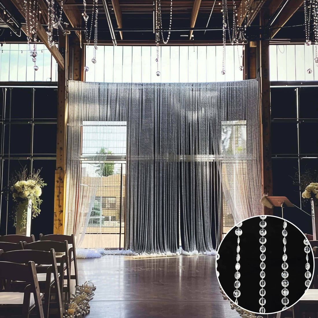 Elegant beaded curtain backdrop for events and weddings.