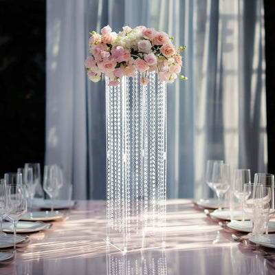 Acrylic Flower Pedestal Vase Pillar Stand 40" Clear with Crystal Beads - Durable Wedding Floor Centerpiece