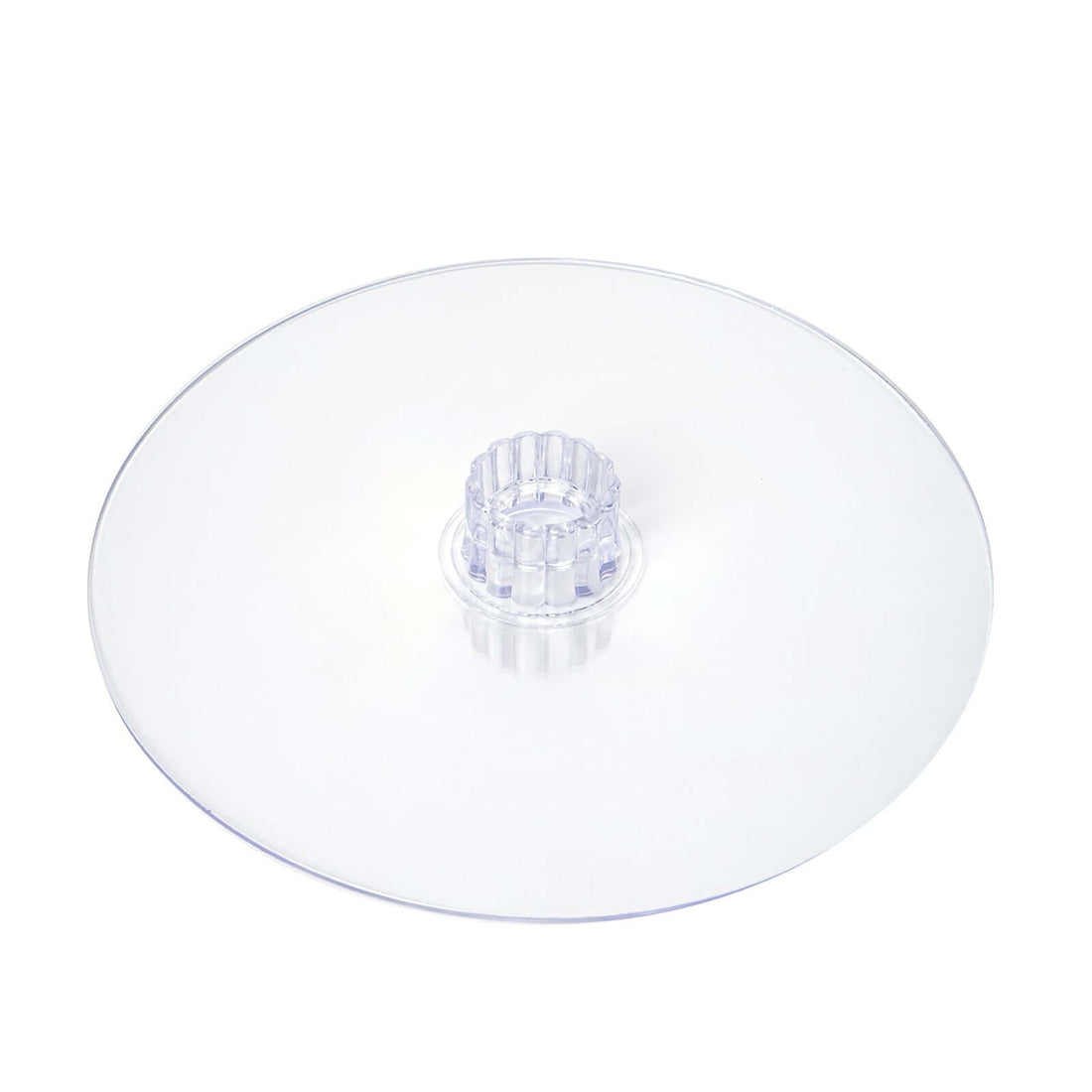 Clear round cake stand with raised center.