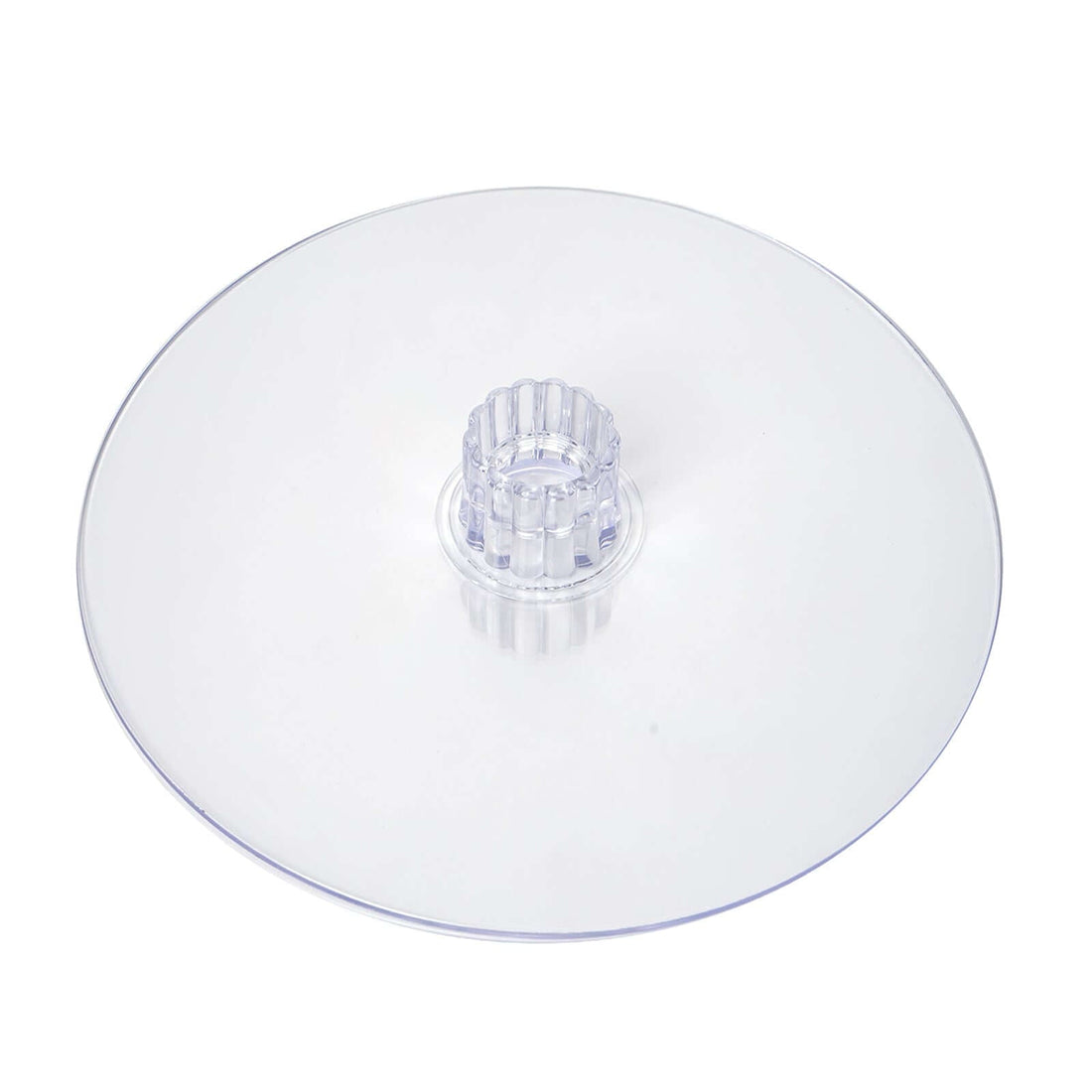 Clear plastic cake stand with central support.