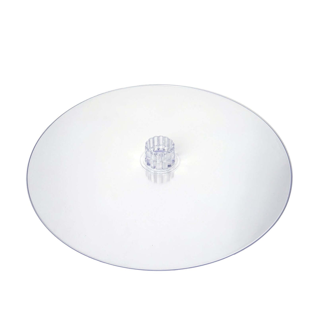 Clear round cake stand with a central support.