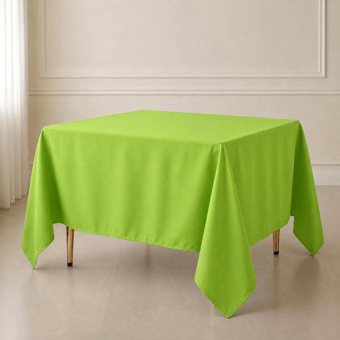 Apple green polyester square table overlay on a dining table.