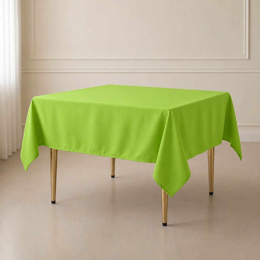 70"x70" Apple green wrinkle-resistant table overlay on a square table.