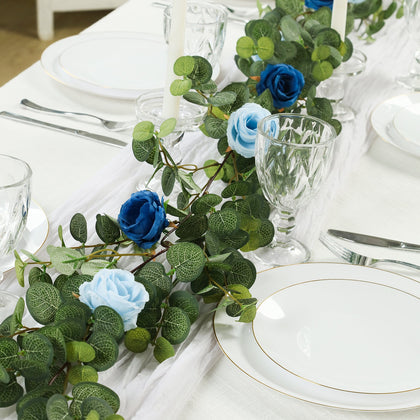 Artificial Eucalyptus Garland with Royal Blue/Light Blue Silk Roses – 6ft Faux Greenery Vine