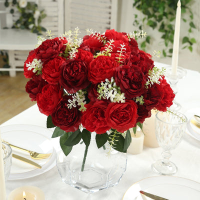 2-Pack Artificial Peony Flower Bouquet – 14" Burgundy Silk Floral Arrangement for Wedding Centerpieces, Home or Table Decor