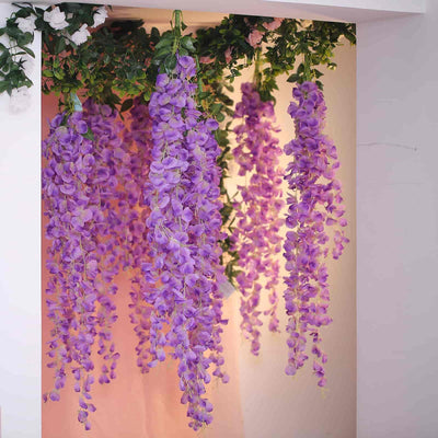 Artificial Silk Hanging Wisteria Flower Garland Vines in Lavender Lilac, 5 Full Strands in 1 Bush - 42"