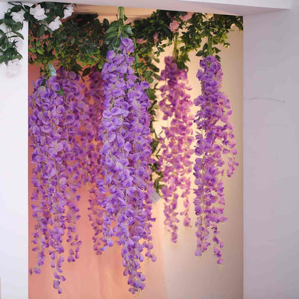 Artificial Silk Hanging Wisteria Flower Garland Vines in Lavender Lilac, 5 Full Strands in 1 Bush - 42"
