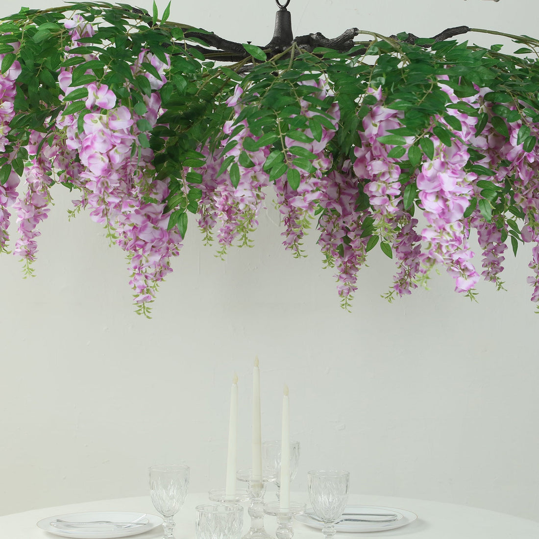 lavender plant hanging Artificial Silk Wisteria Vine Round Hanging Canopy in Lavender Lilac, Draping Garland Flower Chandelier With Interchangeable Branches 55"