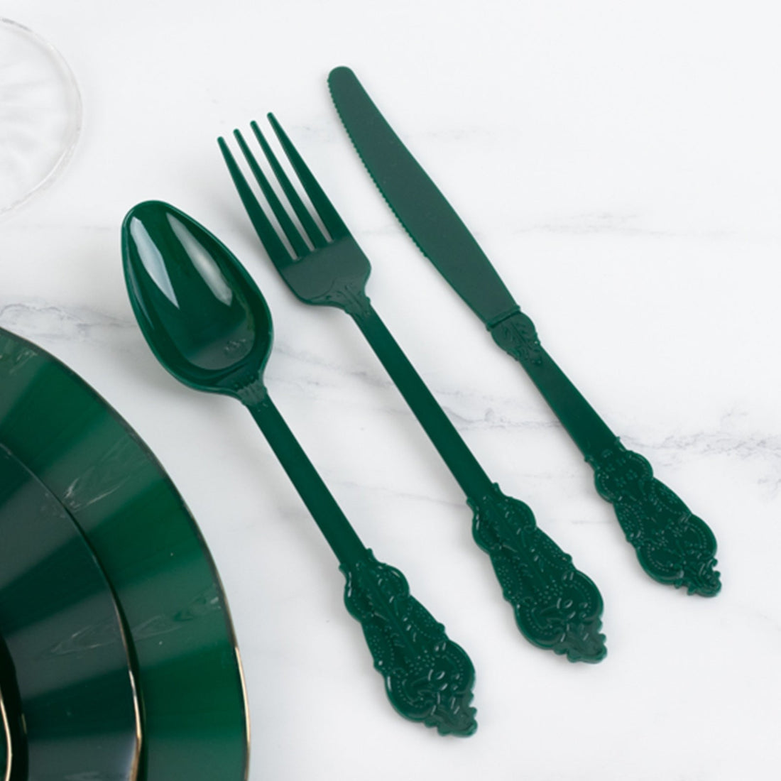 72pc Plastic Silverware Set Baroque Green | eFavormart