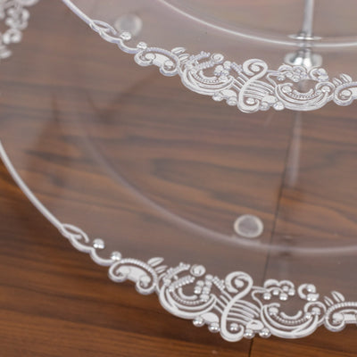 Acrylic cake stand with intricate white detailing.