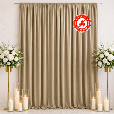 Beige flame-retardant curtain backdrop with floral stands and candle decor