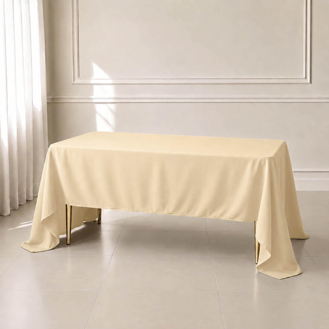 beige wrinkle-resistant tablecloth on a table